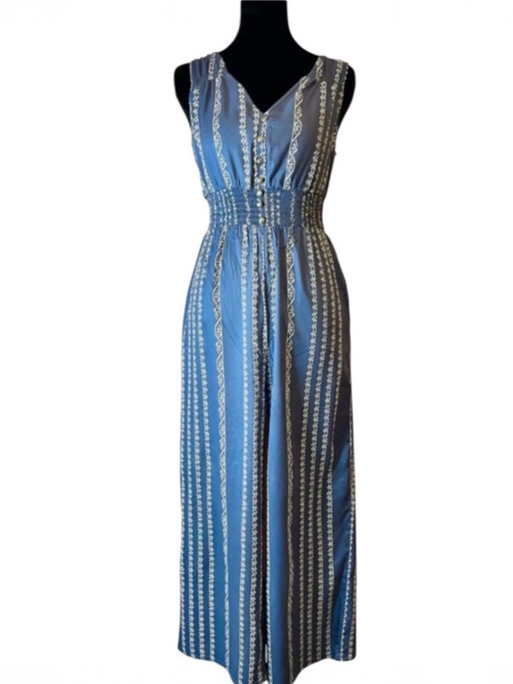 Japna Blue Striped Sleeveless Jumpsuit with White Print